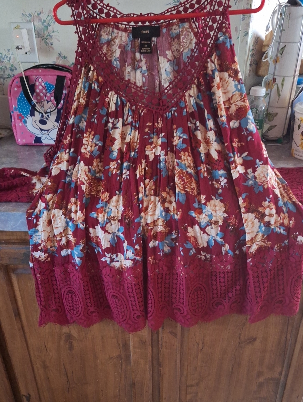 Floral Crochet Trim Boho Cold Shoulder Top - Burgundy Floral